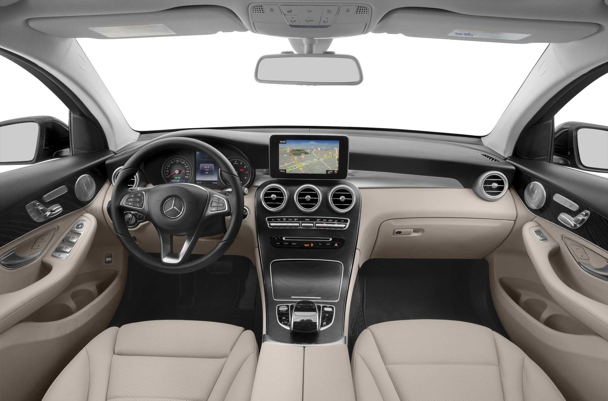 Luxury dashboard and beige leather seating interior with infotainment screen and multifunction steering wheel