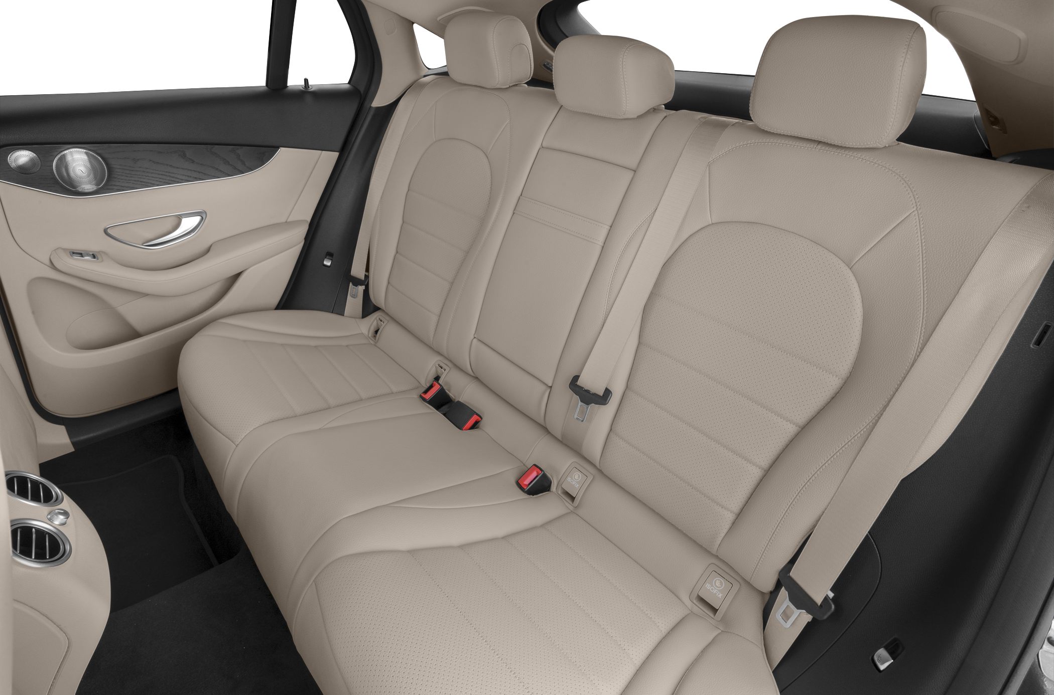 Beige leather rear seats with headrests and seatbelts