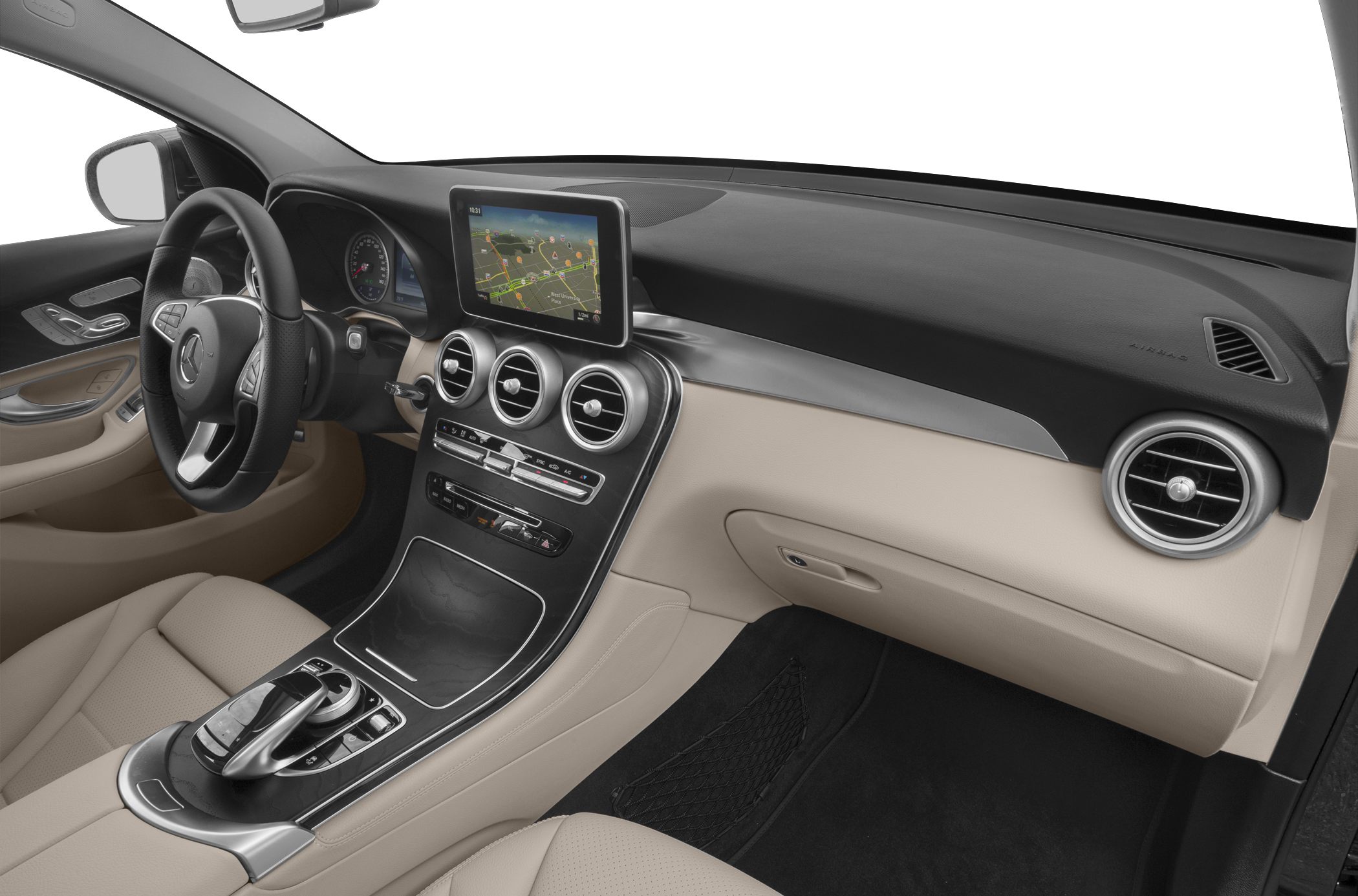 Interior dashboard with navigation screen and circular air vents