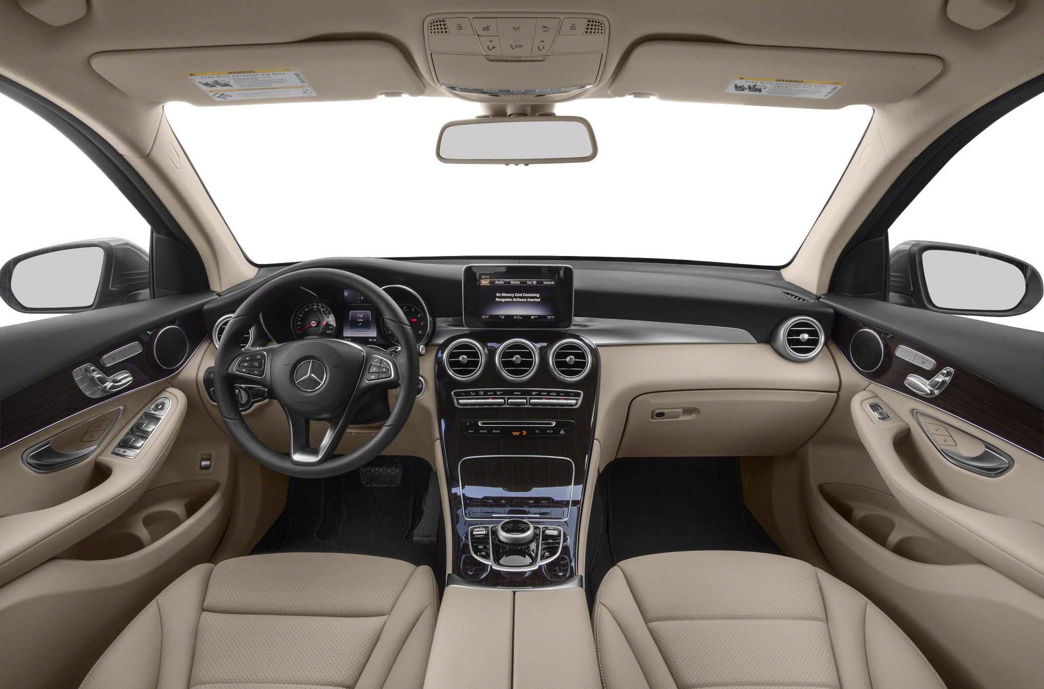 Luxury dashboard and beige leather seats with infotainment screen and steering wheel