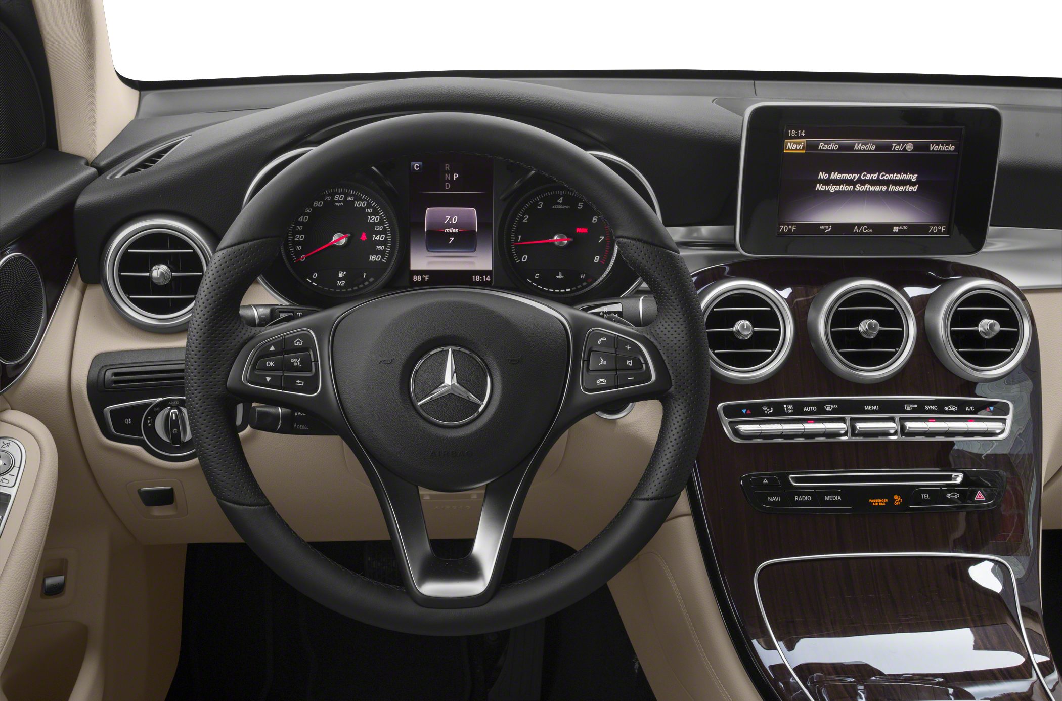 Dashboard and steering wheel with infotainment system and triple air vents