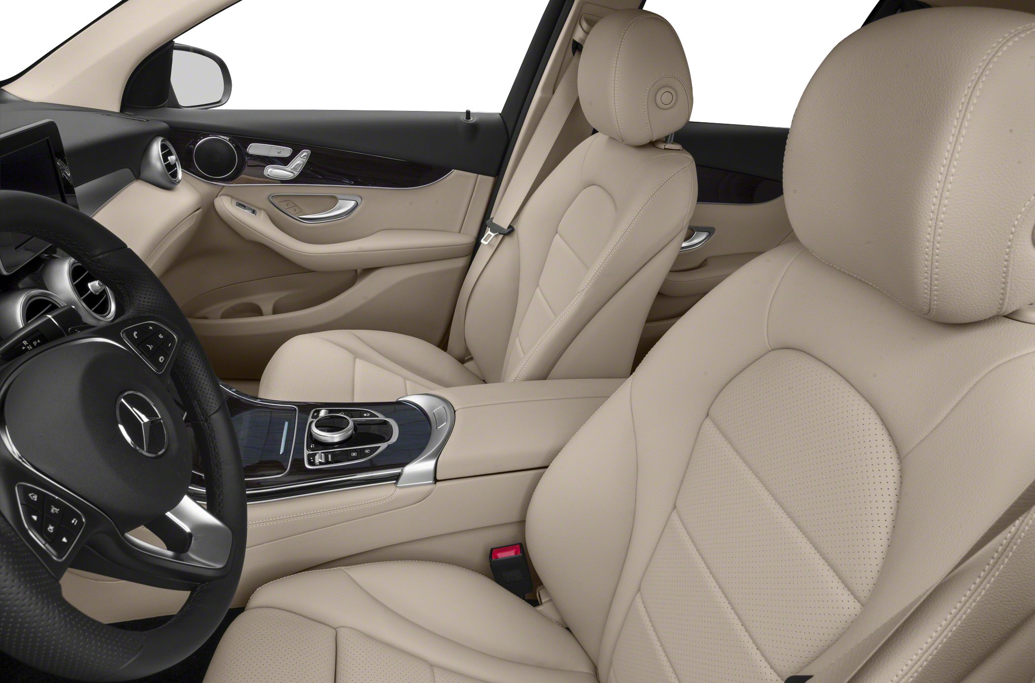 Beige leather seats and wood trim dashboard with steering wheel controls