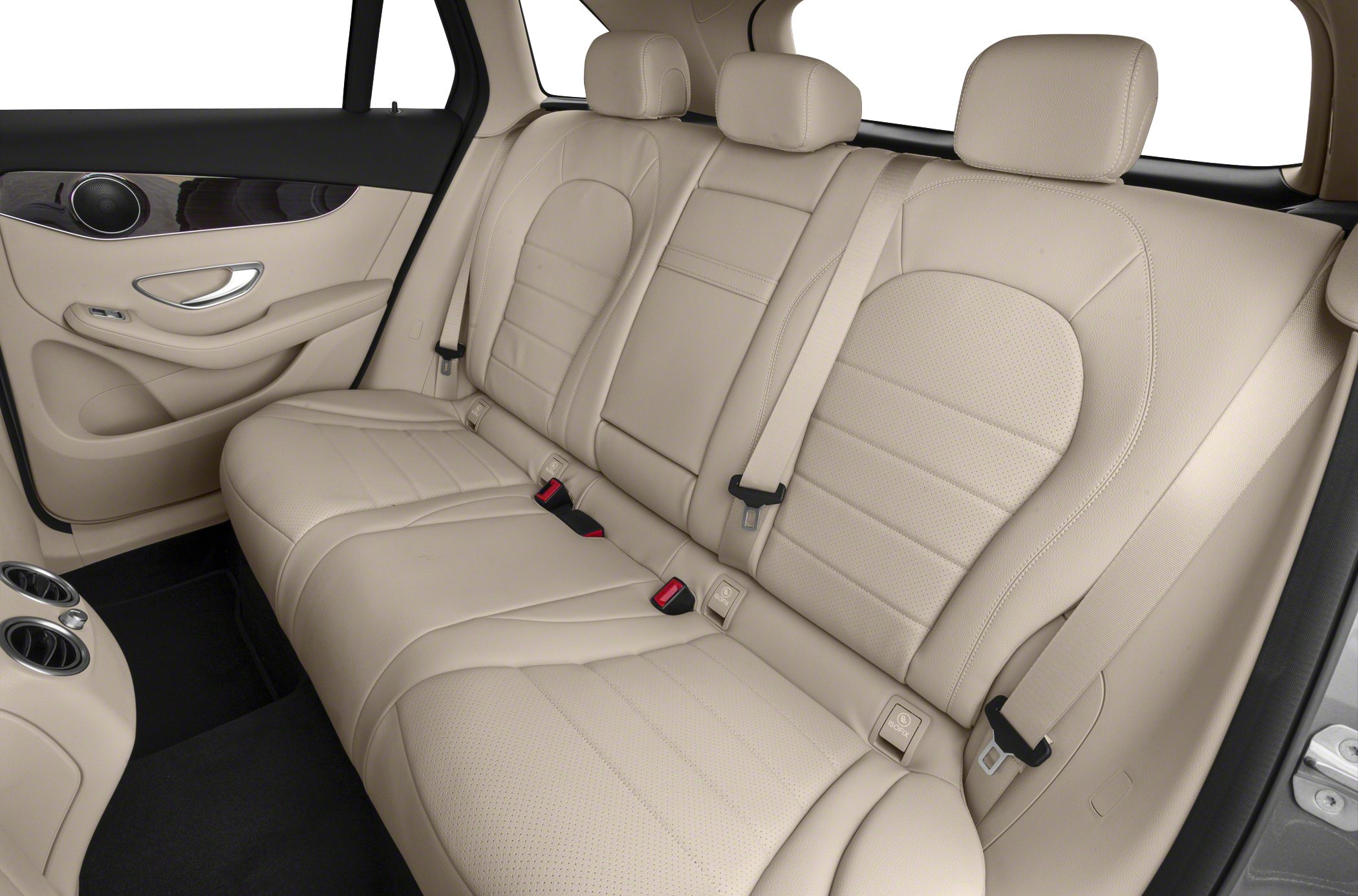 Beige leather rear seats with headrests and seat belts