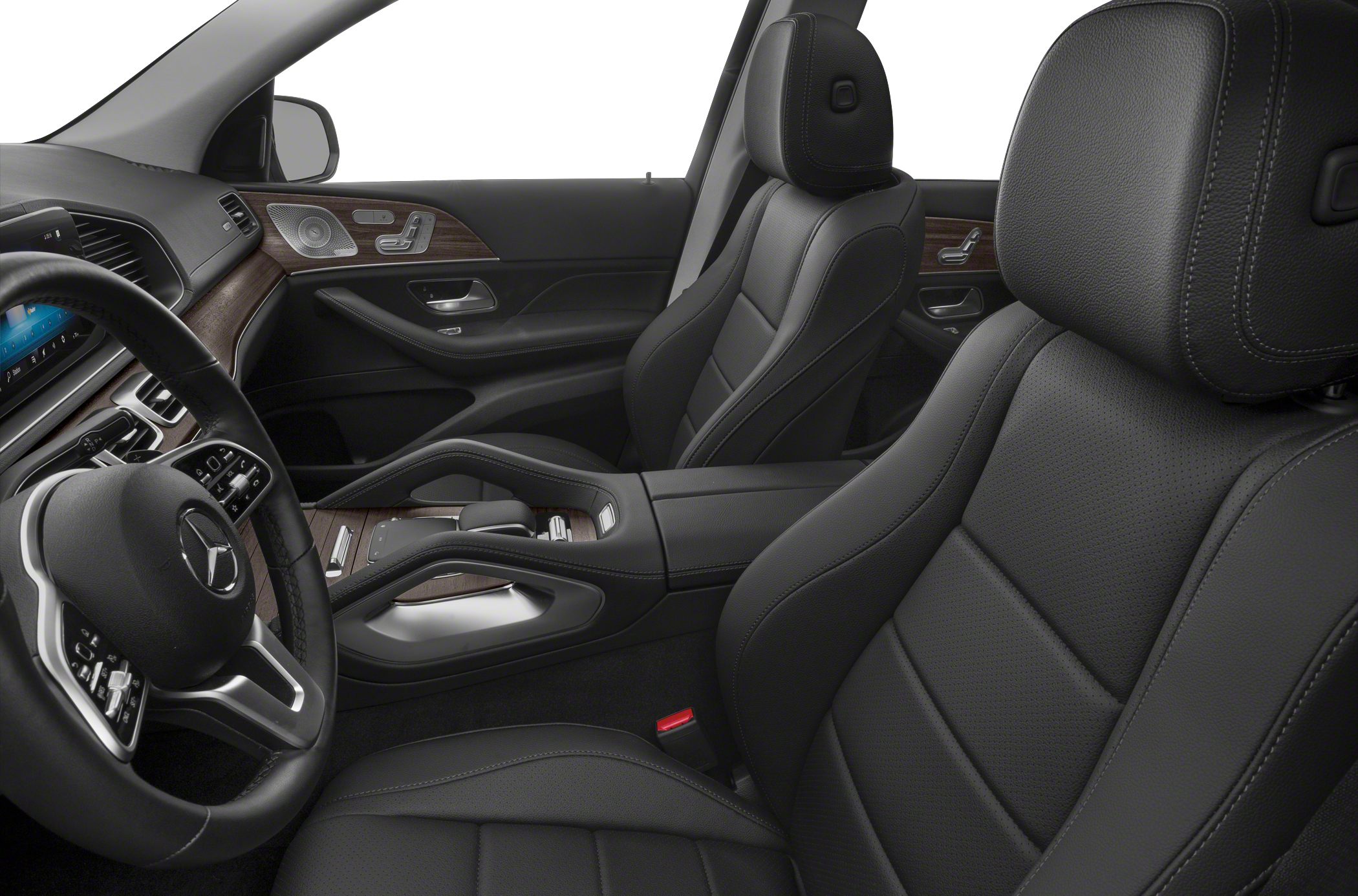 Black leather seats and wood trim in luxury car interior