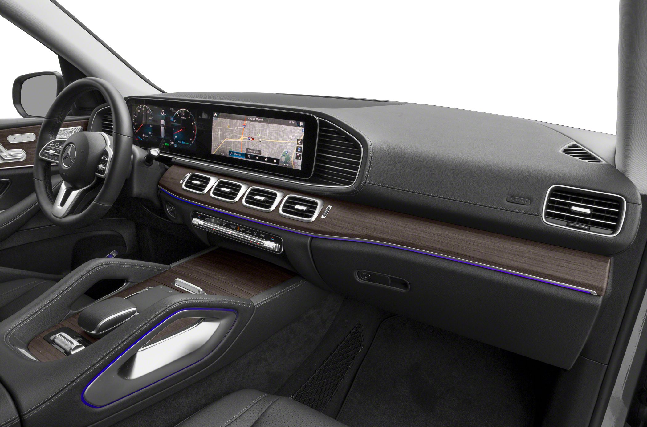 digital cockpit, touchscreen display, wood trim, ambient lighting