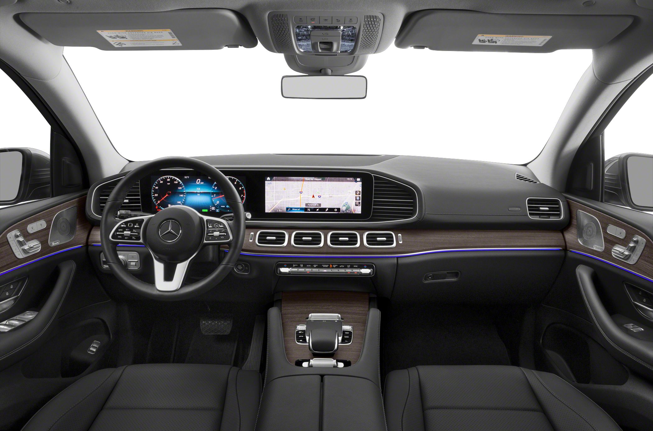 Digital instrument cluster and wide infotainment screen with wood trim and ambient lighting