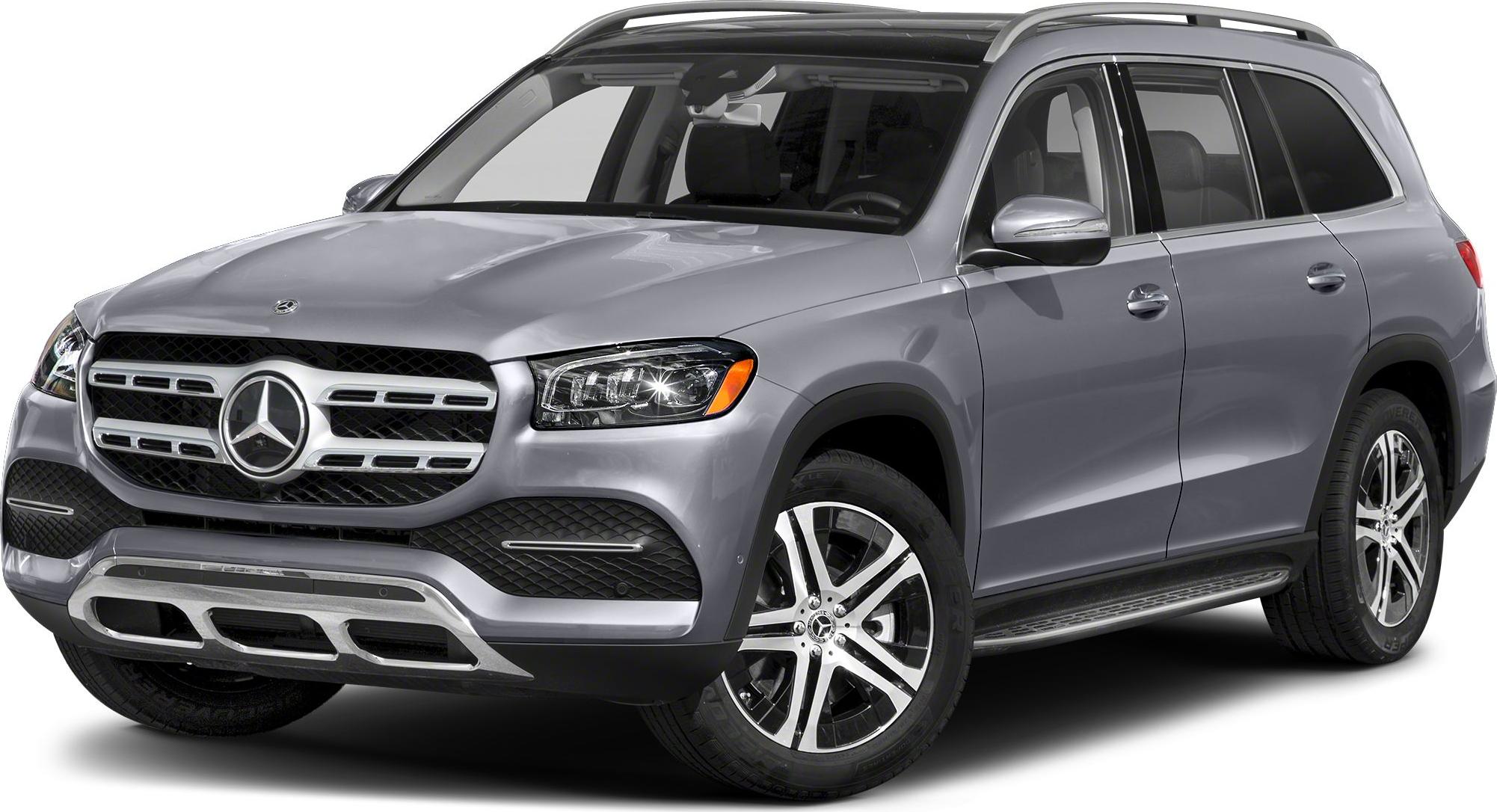 Front and side view of a large SUV featuring grille, headlights, and alloy wheels.