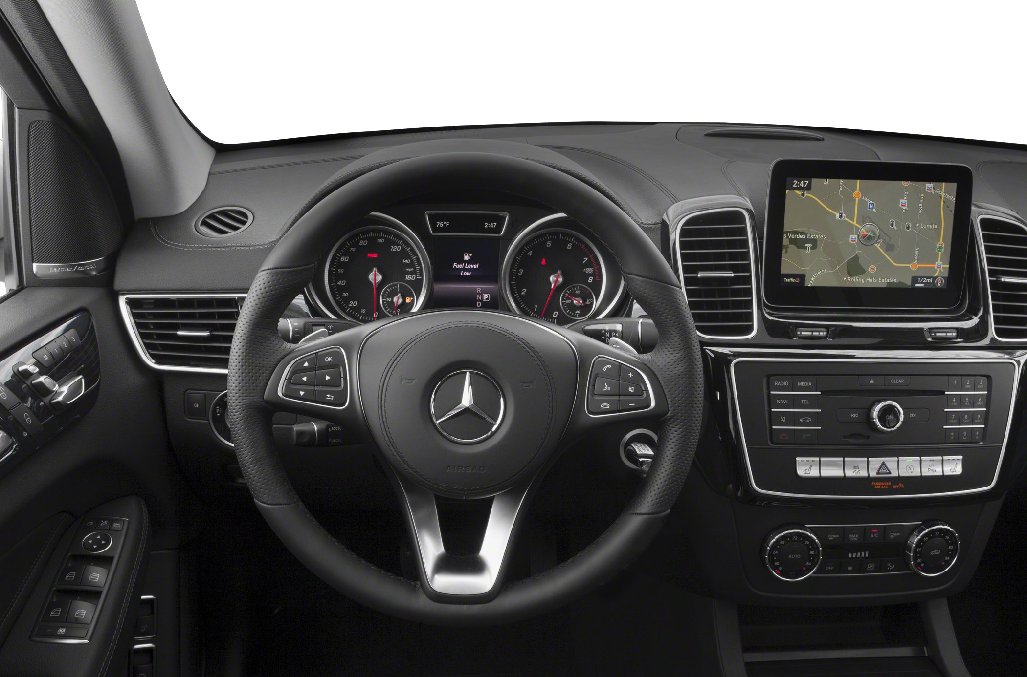 Steering wheel, dashboard, and navigation screen interior
