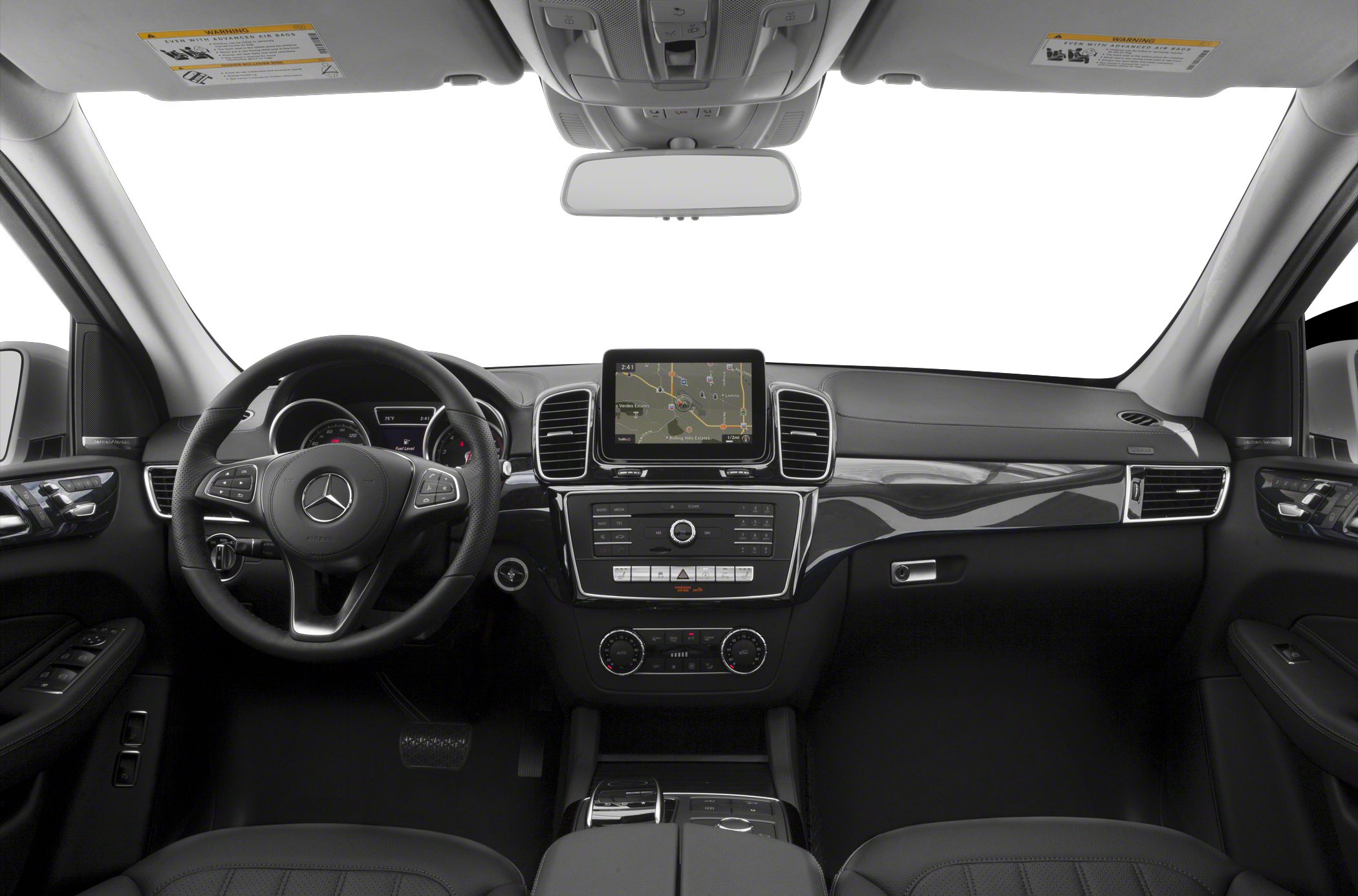 Luxurious SUV cabin with digital infotainment screen and multifunction steering wheel.