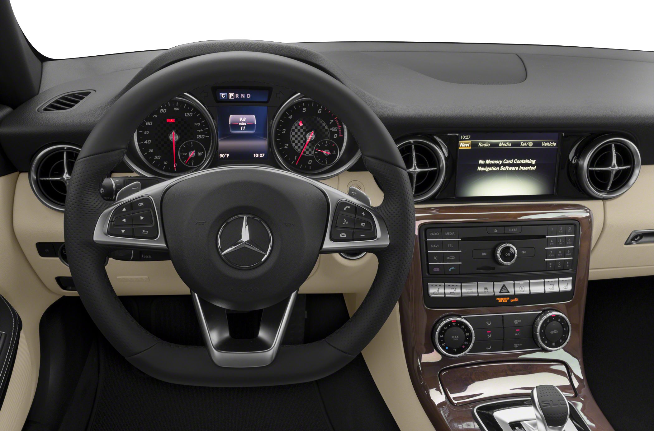 Steering wheel, dashboard, and infotainment system of a luxury car interior
