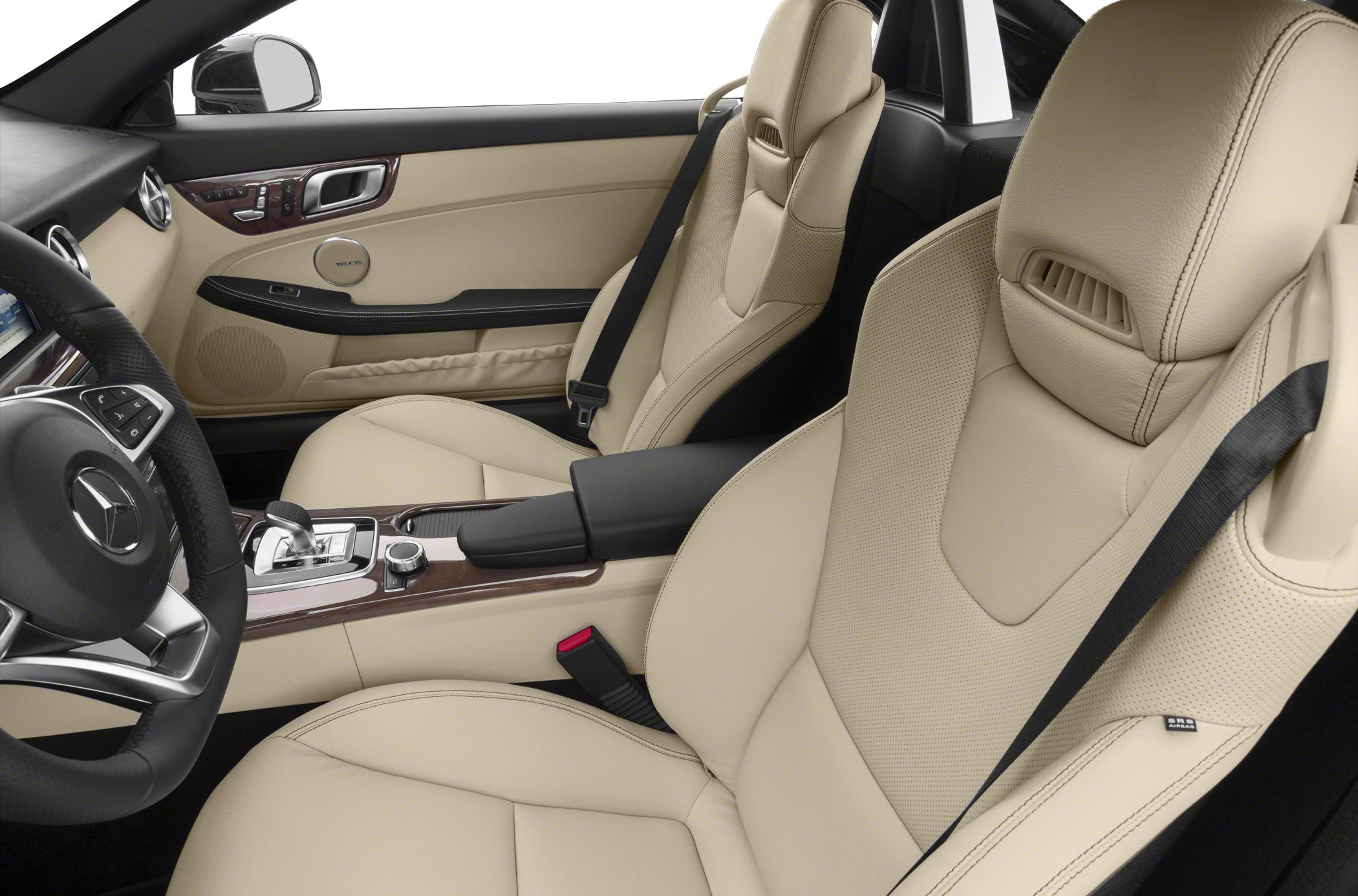 Beige leather seats with ergonomic design and wood trim interior