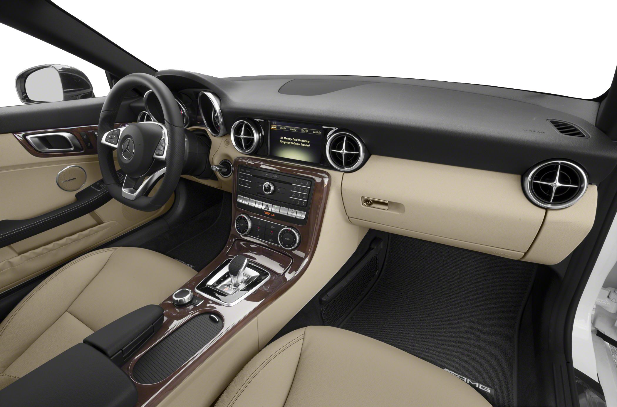 Luxurious beige leather interior with advanced dashboard and automatic gear shifter