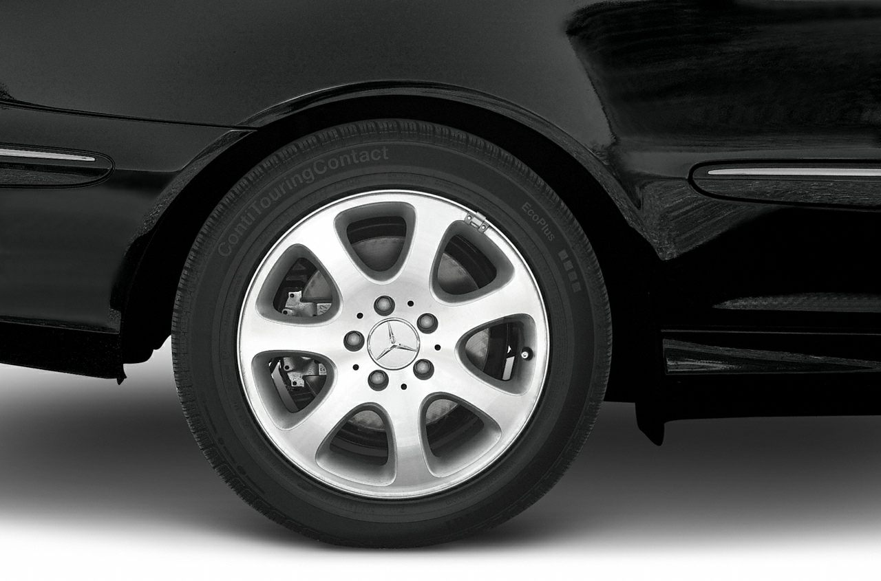 Alloy wheel and tire close-up with Mercedes-Benz logo and Continental tire branding