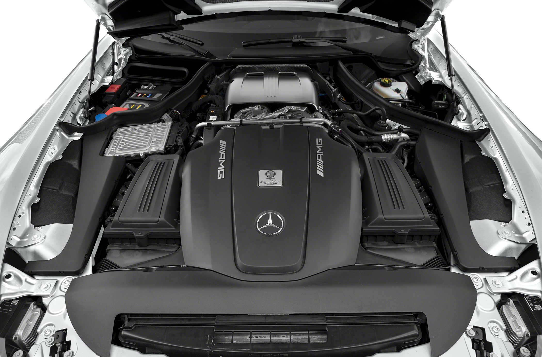 High-performance AMG V8 engine with detailed engine bay layout.