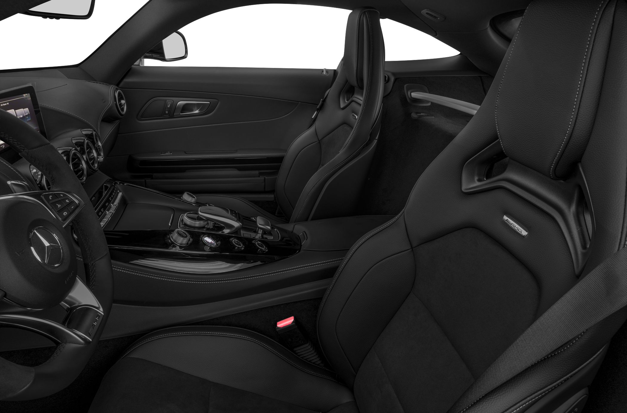Sporty AMG bucket seats and advanced center console in black leather interior
