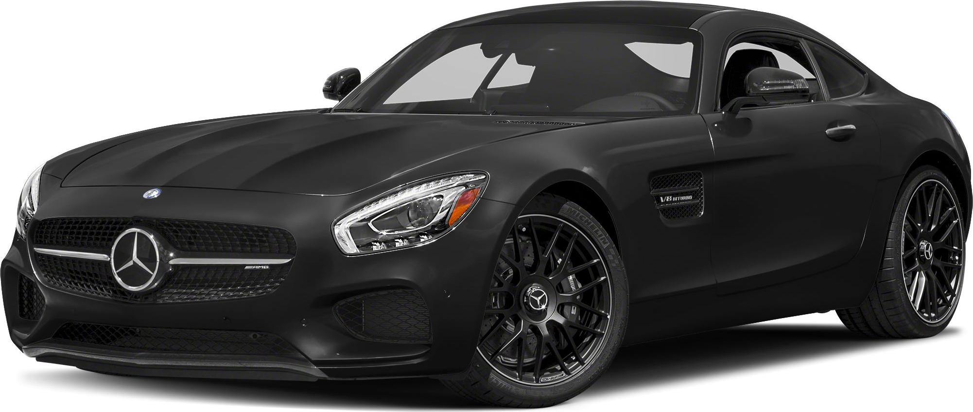 Matte black sporty coupe with V8 biturbo badge and AMG multi-spoke wheels.