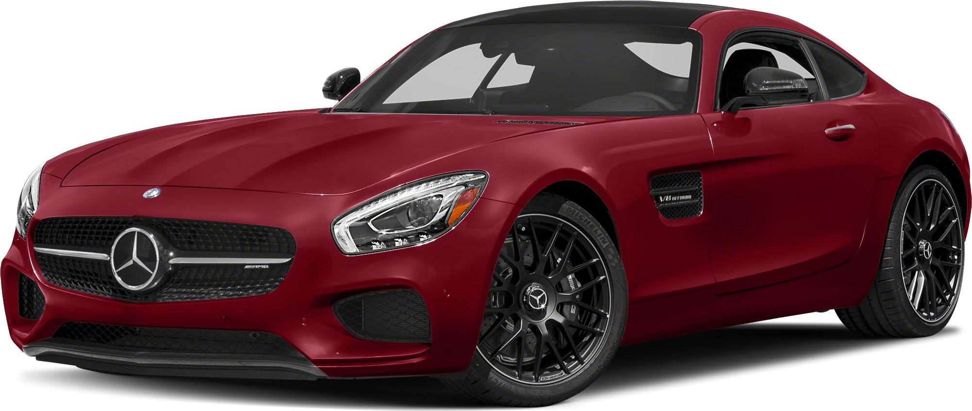 Red sports coupe with black wheels and V8 Biturbo badge