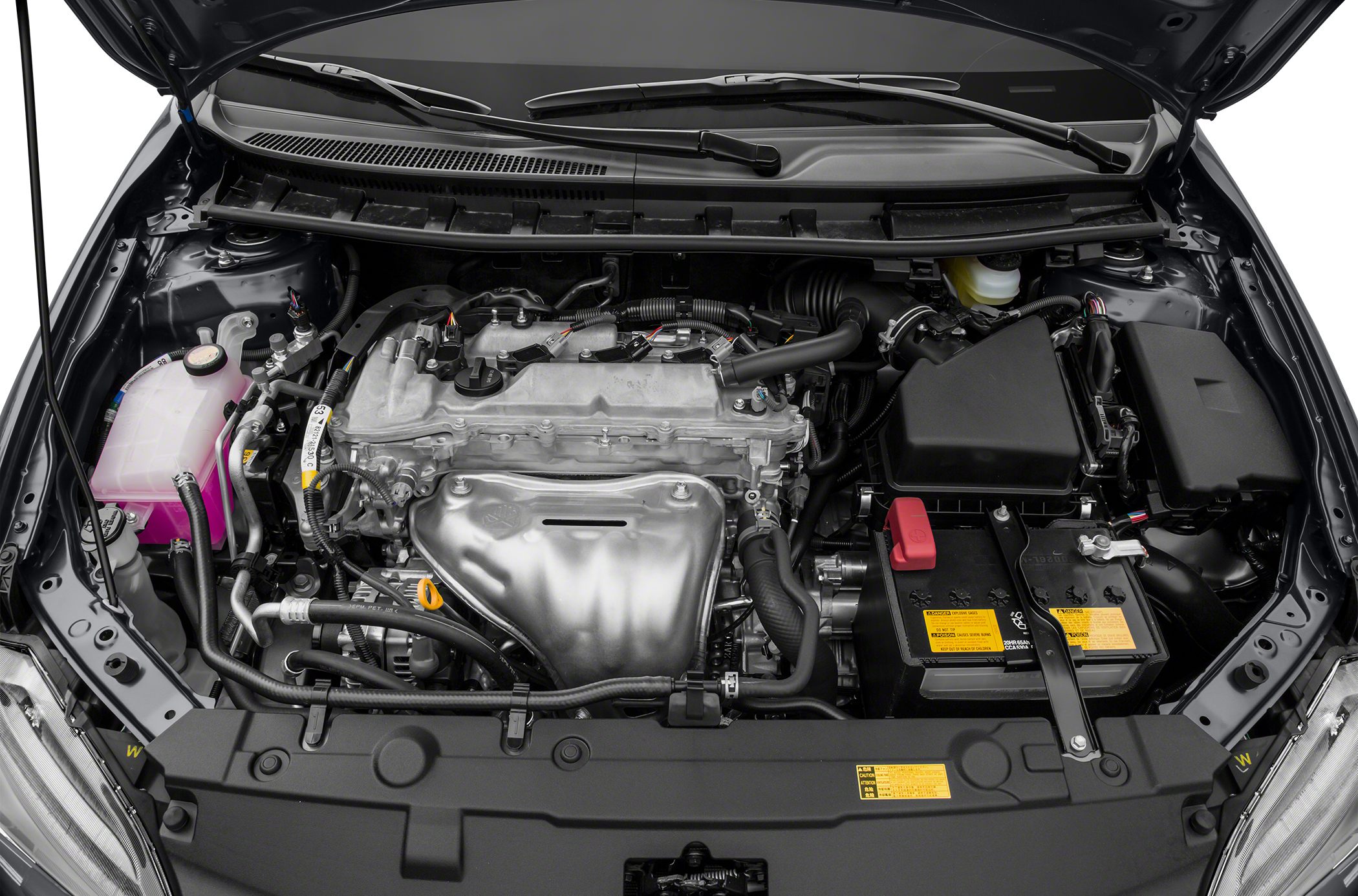 Engine bay with detailed view of mechanical components and battery compartment