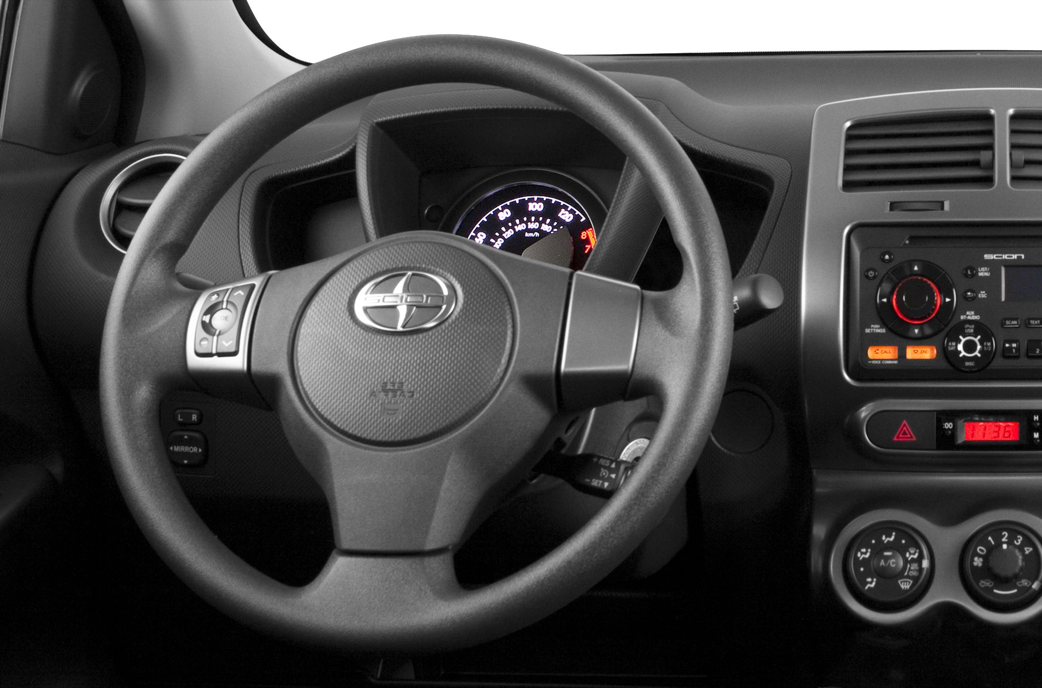Steering wheel with control buttons and dashboard control panel