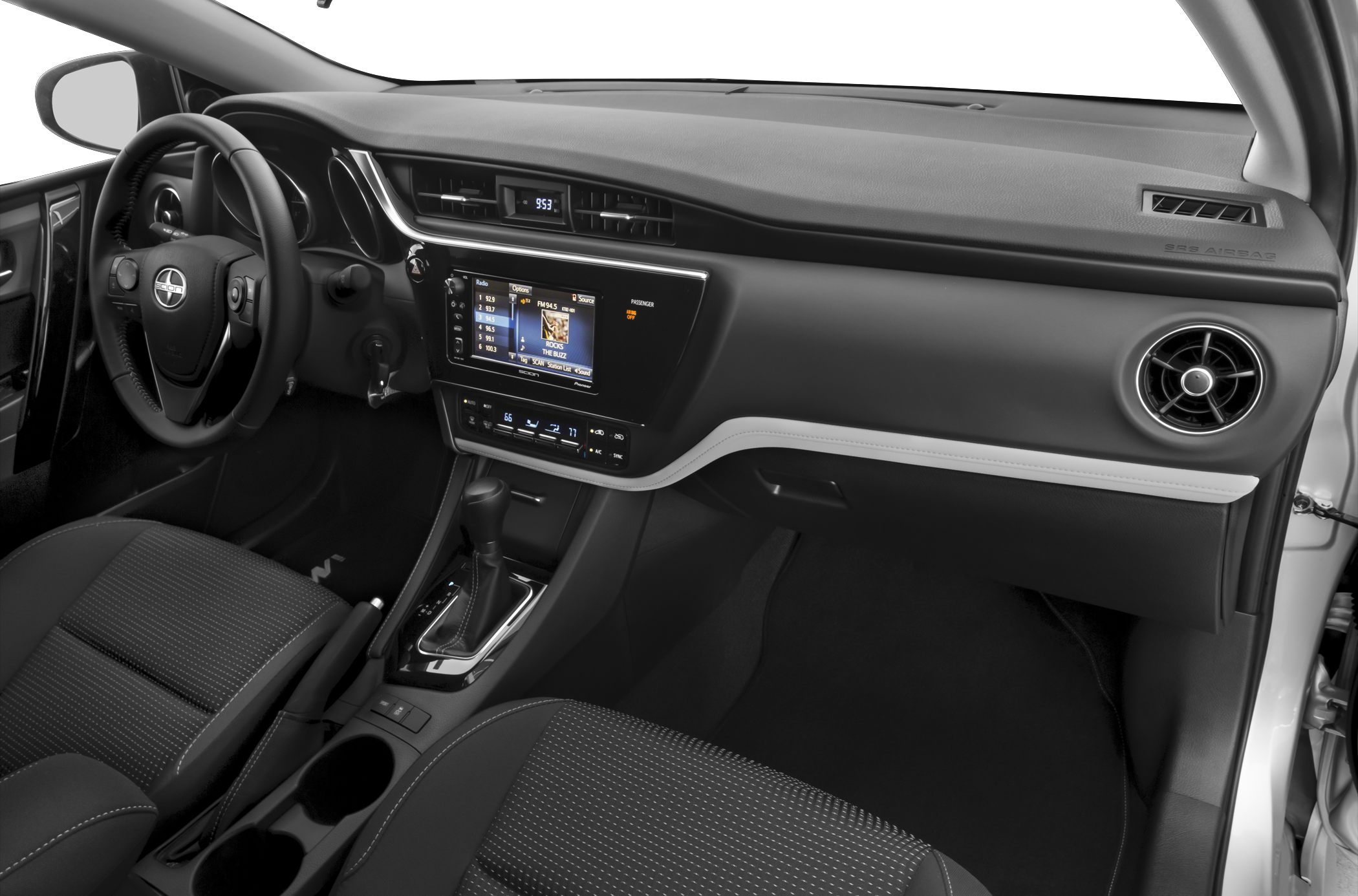 Modern car interior with digital infotainment and automatic transmission