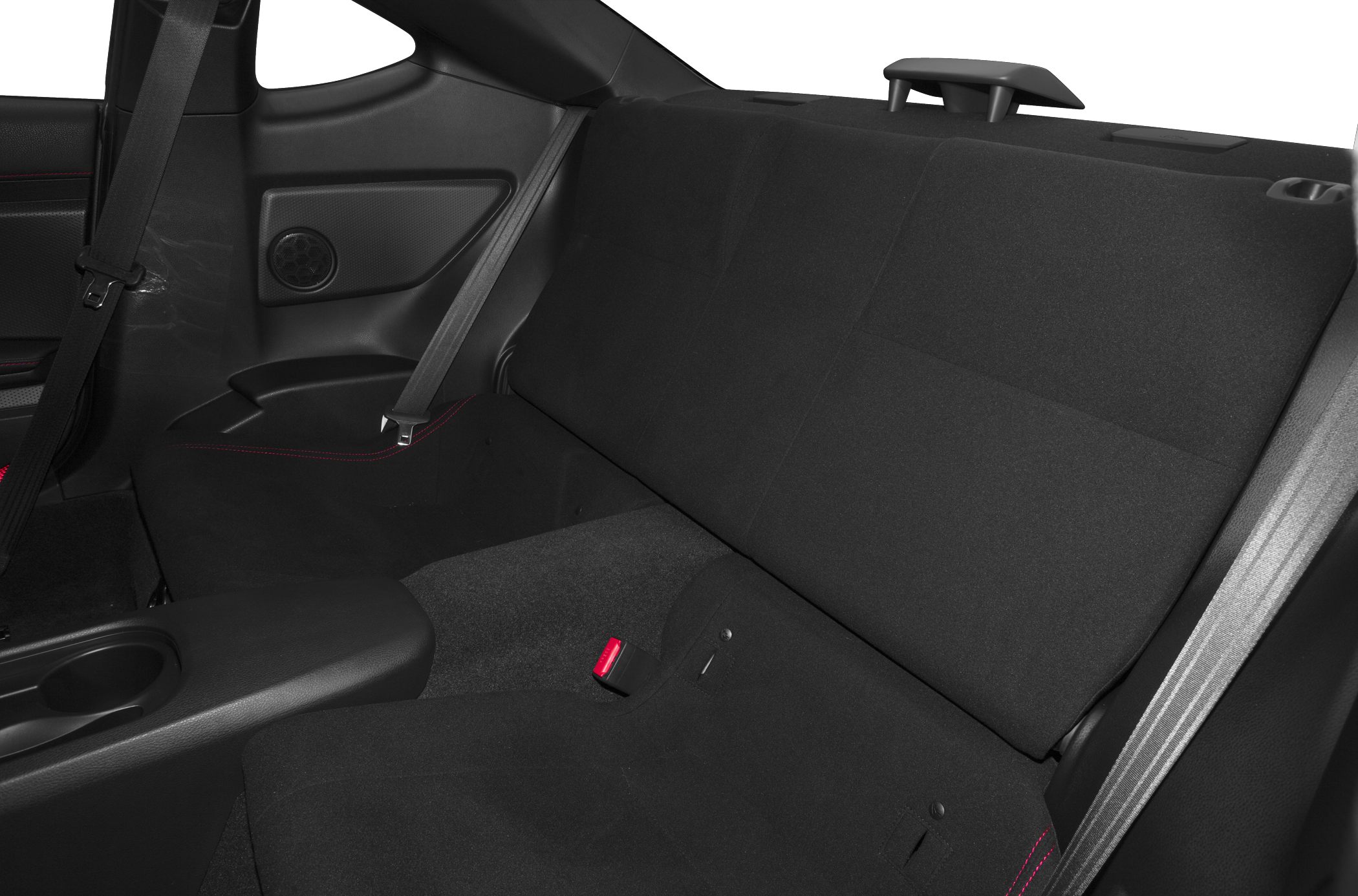 Rear seat interior with seatbelts and red-stitched cloth upholstery