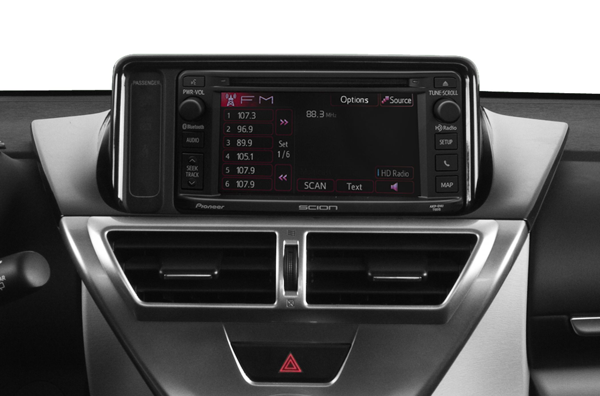 Multimedia display with FM radio and center air vents with hazard button