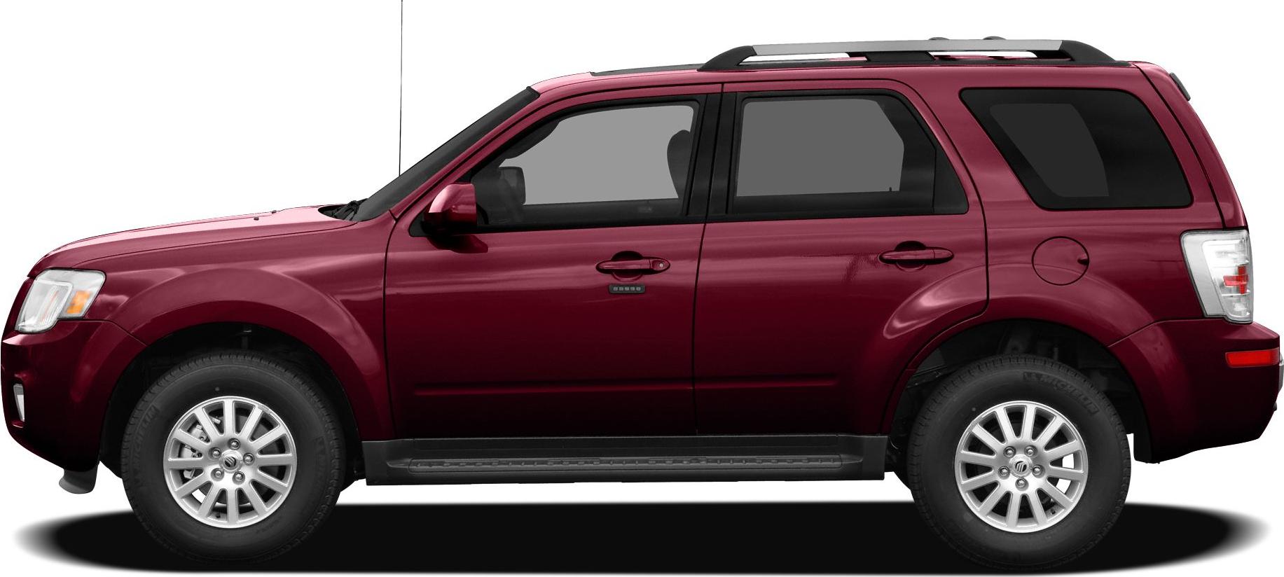 Side profile of red 4-door SUV with roof rails and alloy wheels