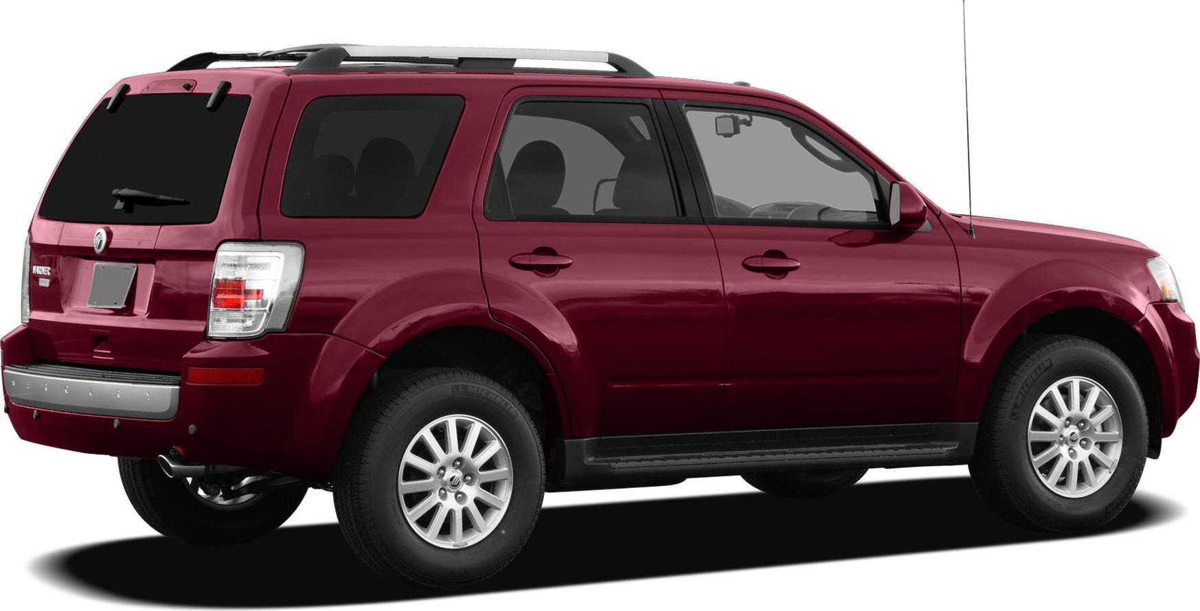 Rear side profile of a burgundy mid-size SUV with roof rails and alloy wheels