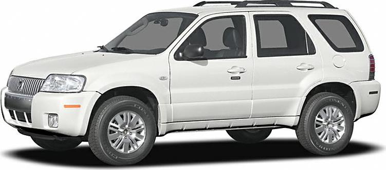 White Mercury Mariner I midsize SUV side profile with roof rails