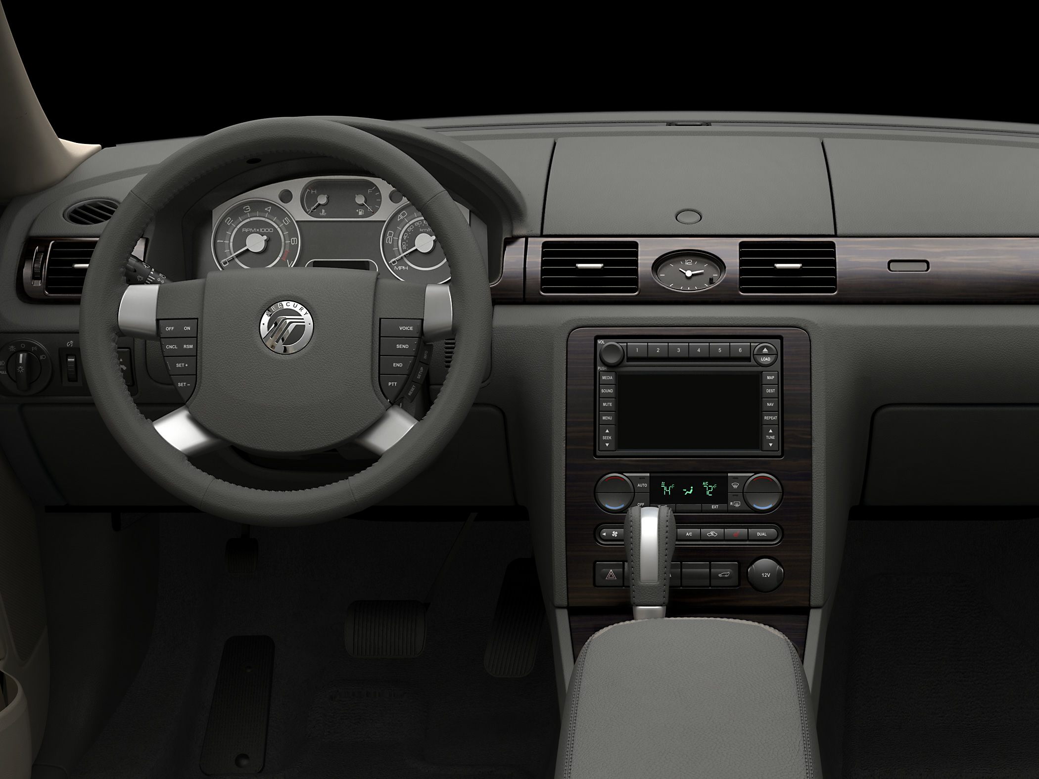 Steering wheel with multifunction buttons and wood-trimmed dashboard with central analog clock.