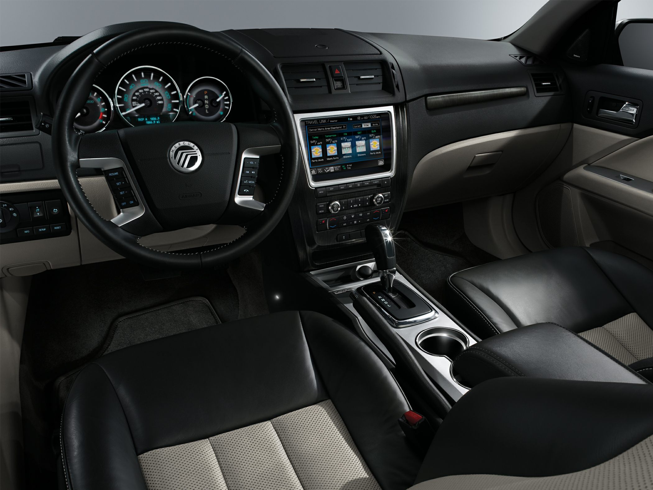 Steering wheel, dashboard, center console with infotainment screen