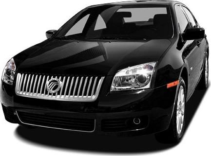 Bold front grille and clear headlights on a sleek black sedan
