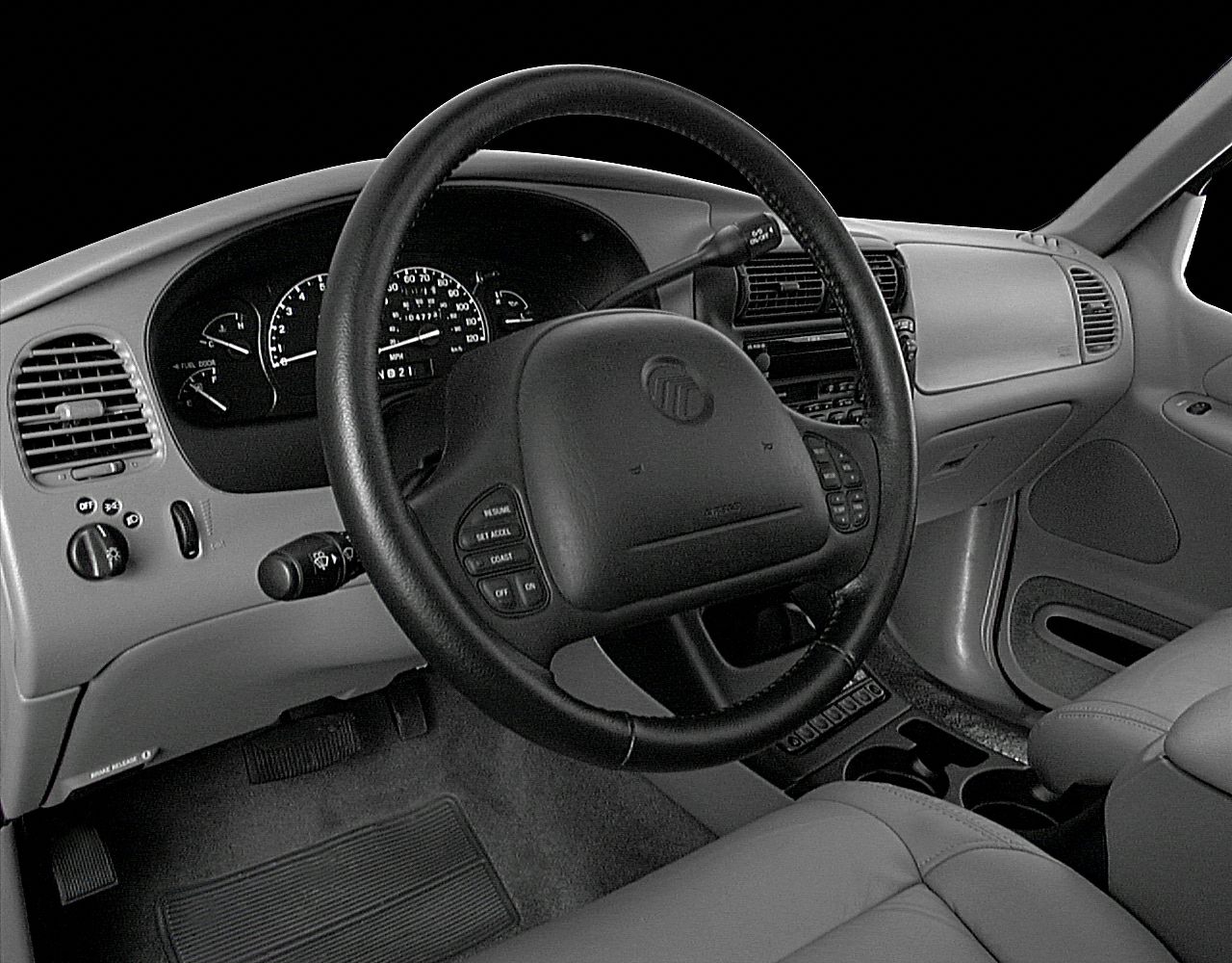 Steering wheel and dashboard with instrument cluster and control panel