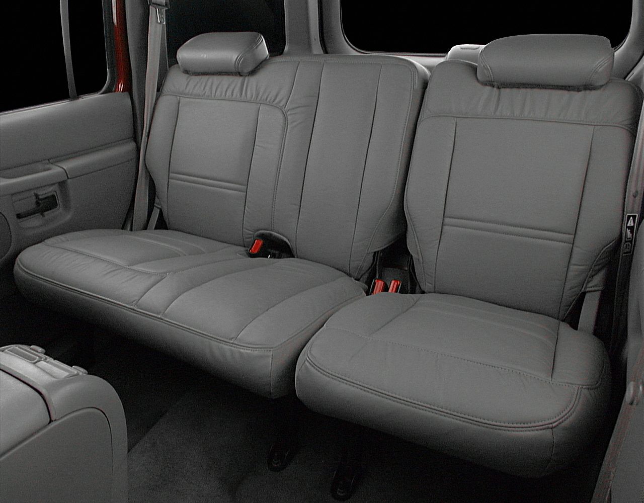 Rear seat interior with leather upholstery and headrests