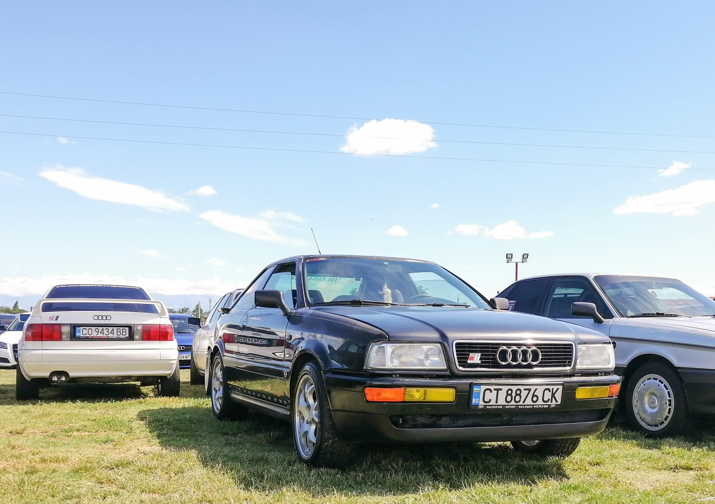 Front view of classic sporty coupe with distinctive Audi grille and headlights.