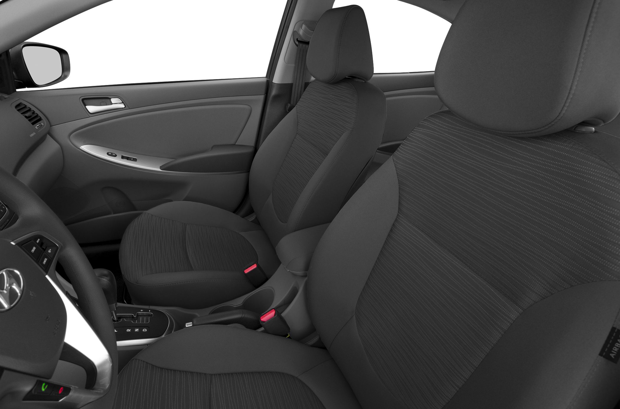 Front seats and door panel with fabric upholstery and ergonomic design