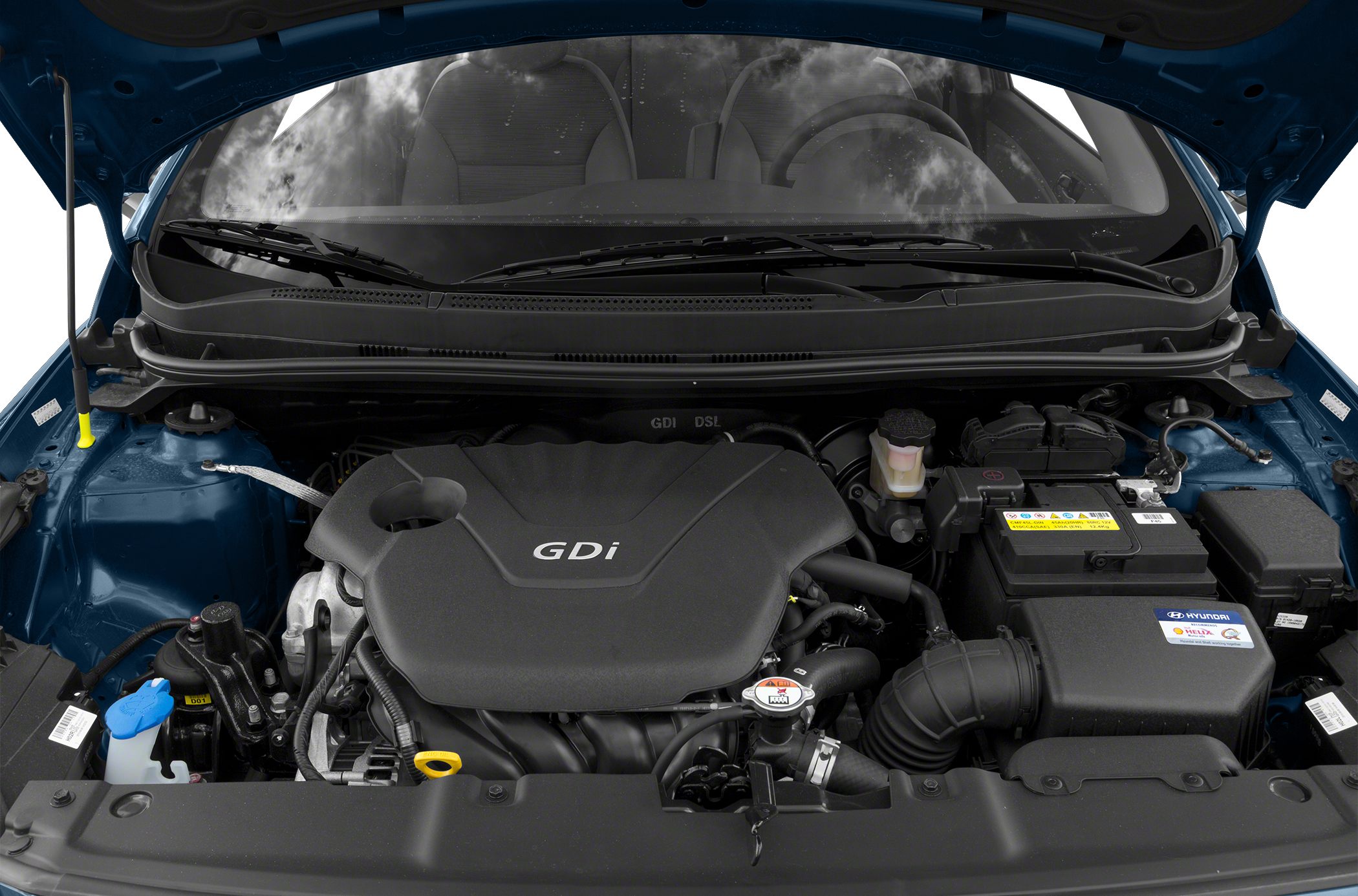Engine compartment featuring GDi engine and battery layout