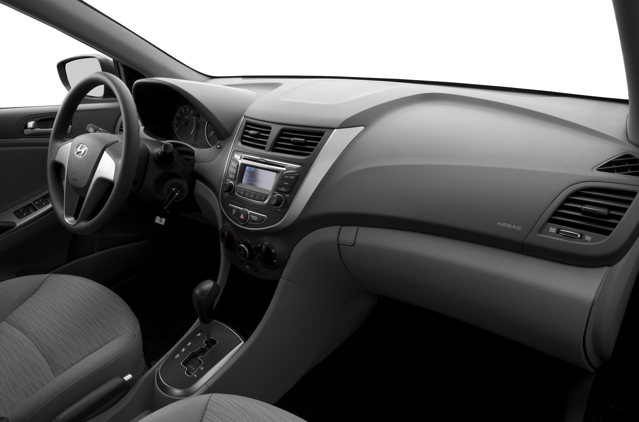 Dashboard, steering wheel, and center console with automatic gear shifter