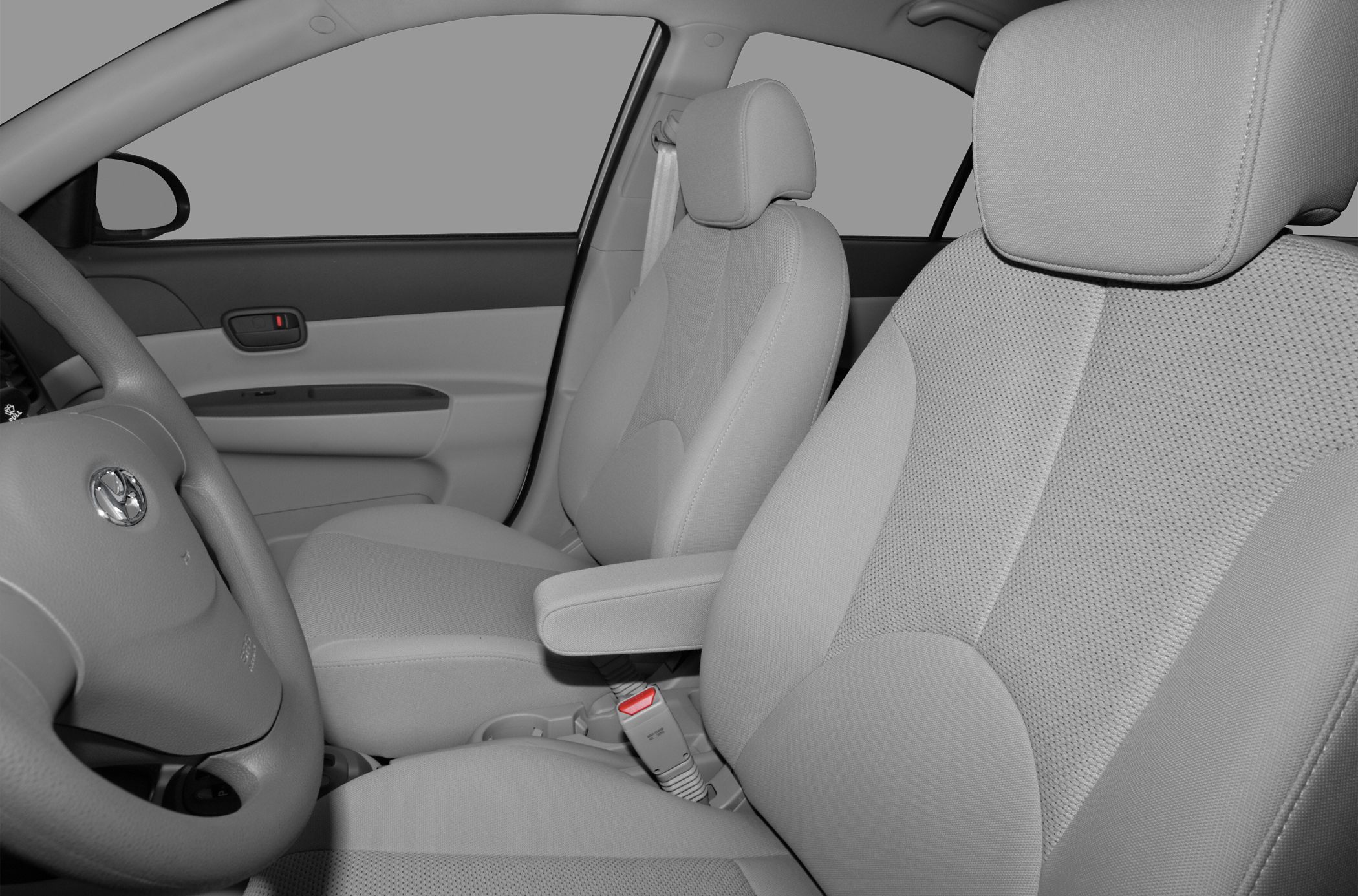 Front fabric seats and steering wheel interior view