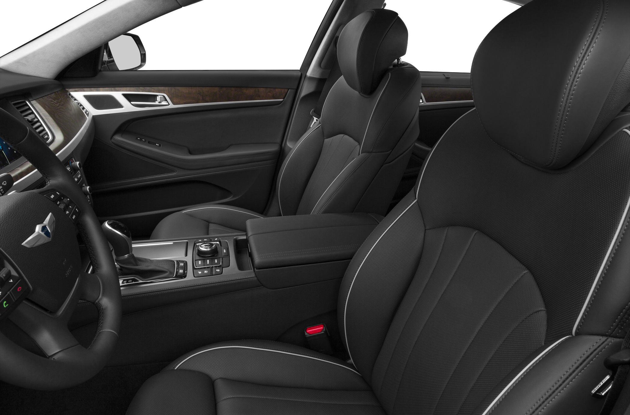 Luxury black leather seats with contrasting stitching and detailed console controls
