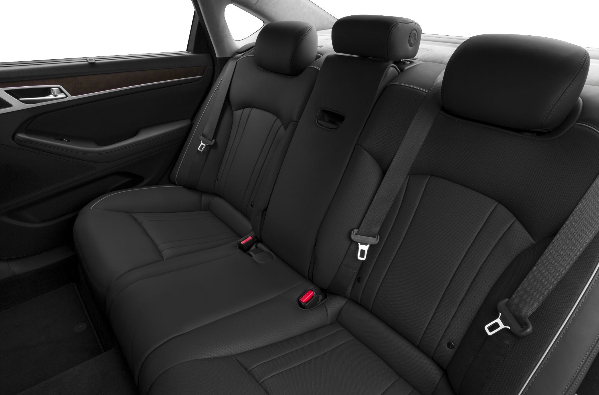 Black leather rear seats with headrests and seatbelts