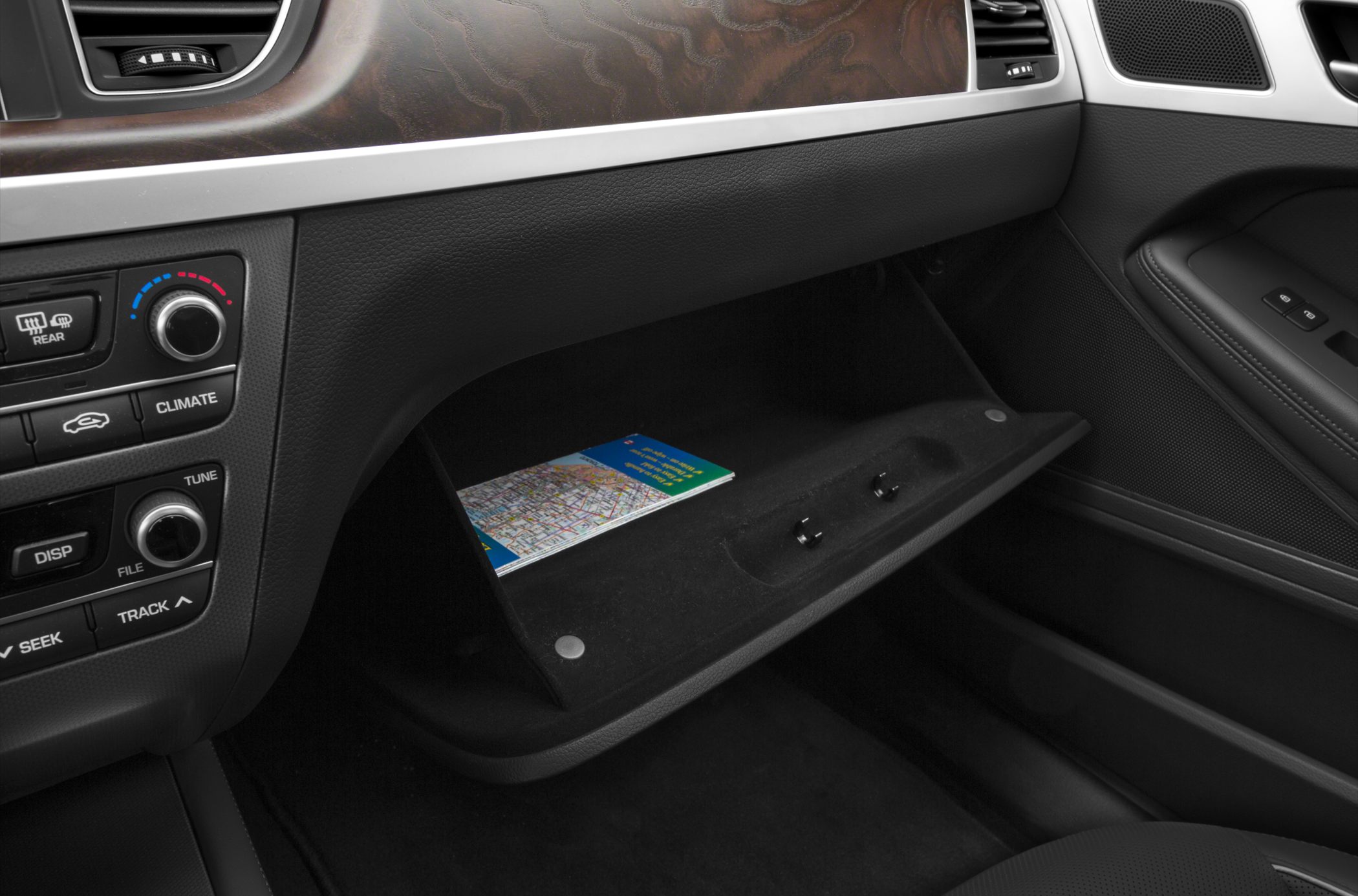 Open glove compartment and dashboard climate control panel