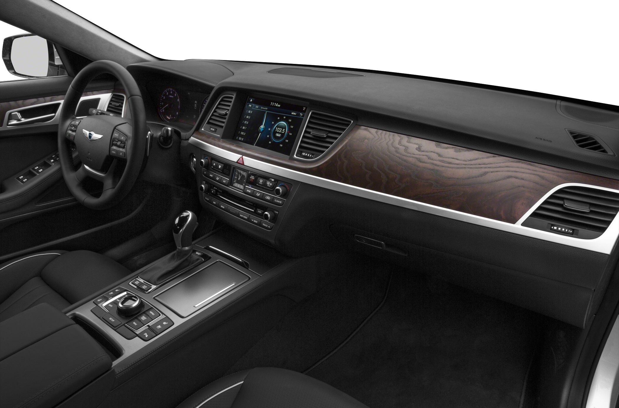 Luxury car interior with wood trim dashboard and digital infotainment system