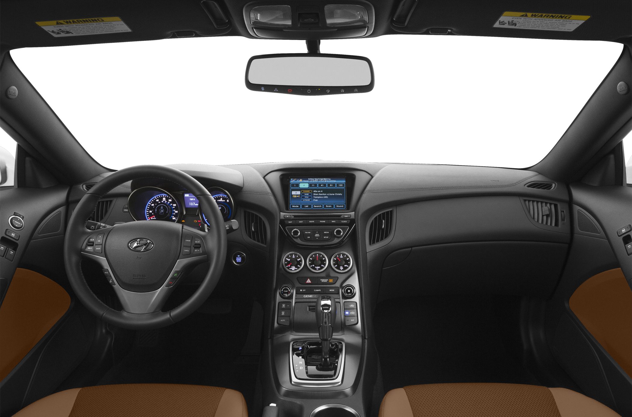 Dashboard, steering wheel, center console with gauges and infotainment