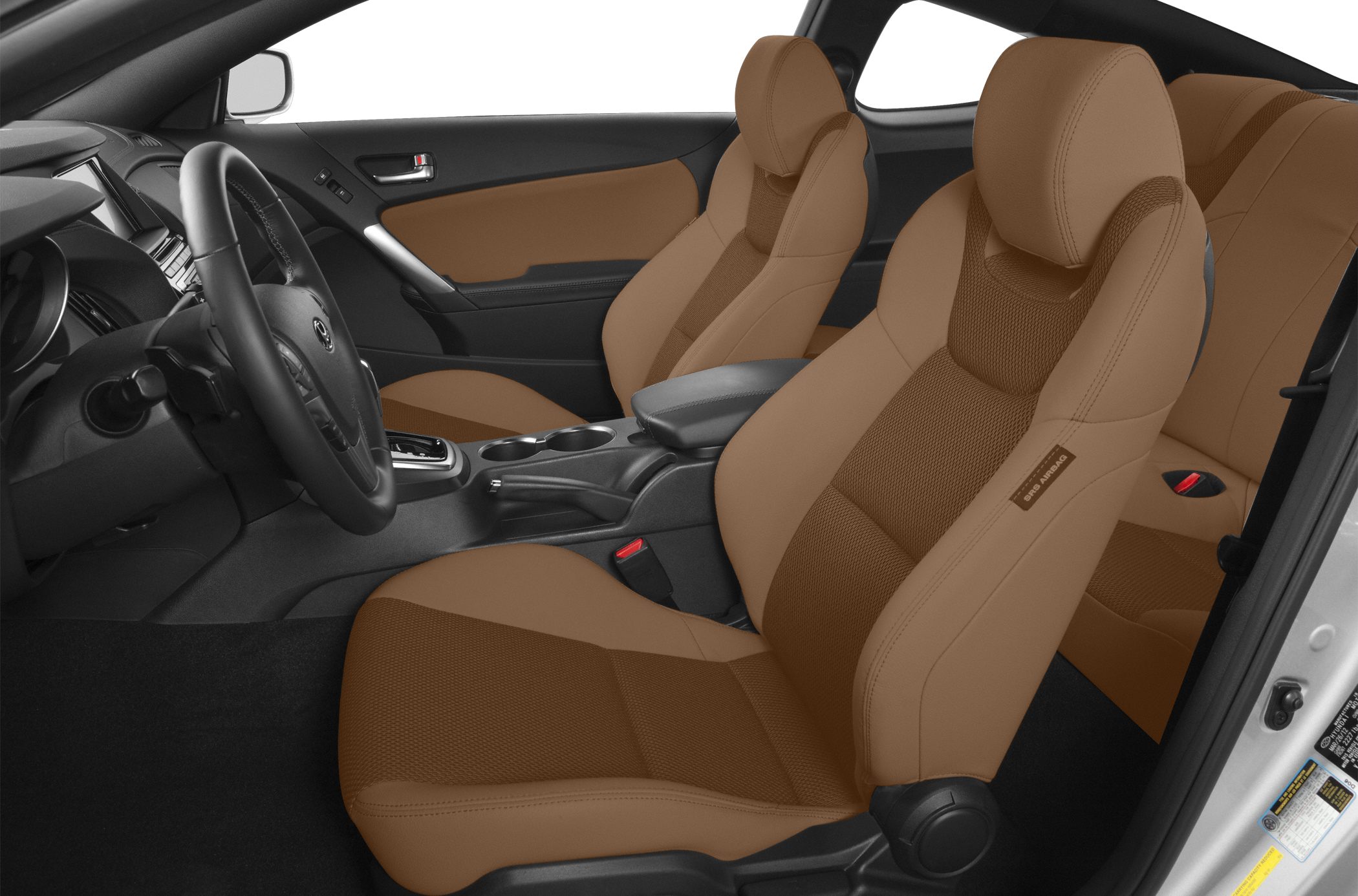 Brown leather interior seats and dashboard of a sports coupe