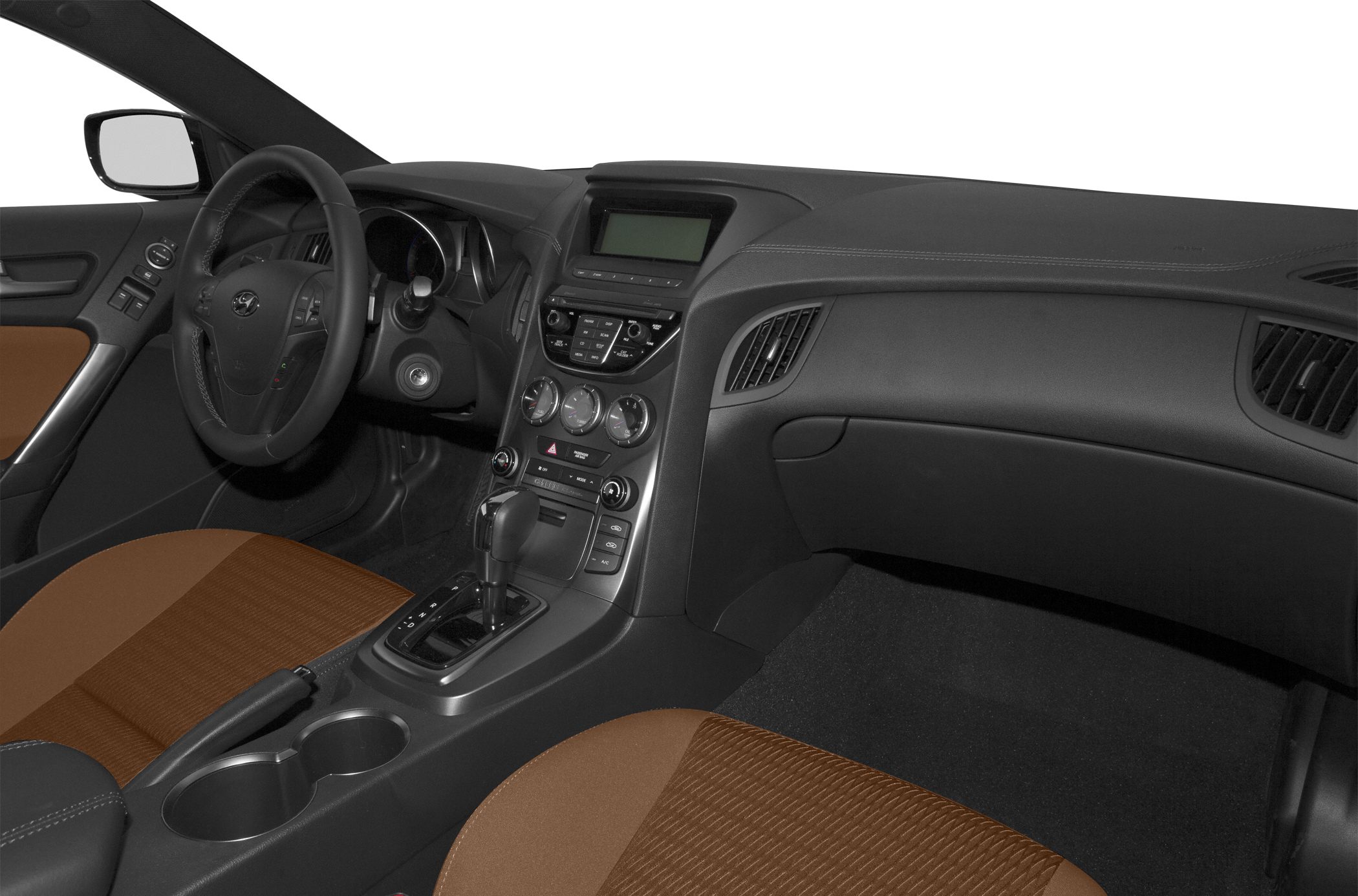 Interior with dashboard, steering wheel, center console, and gear shifter