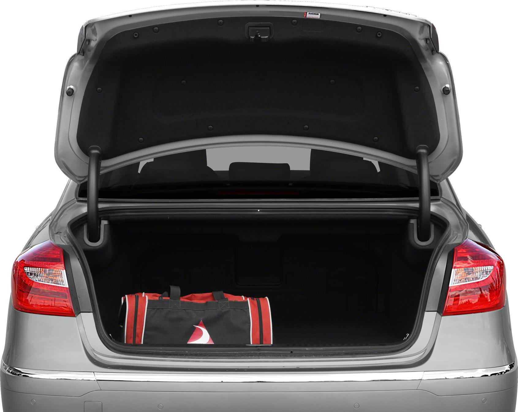 Open rear trunk space with a bag inside in luxury sedan rear