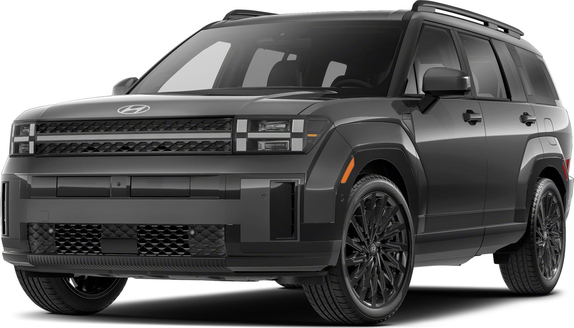 Front-side view of an SUV with prominent LED headlights and black wheels