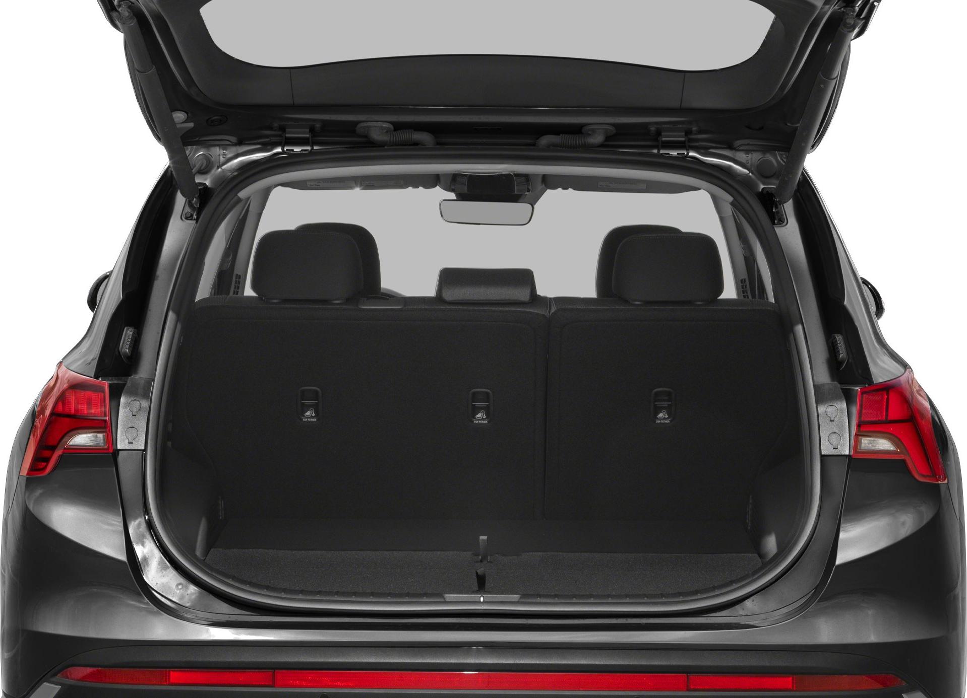 Rear open trunk with upright back seats and hatchback lid open