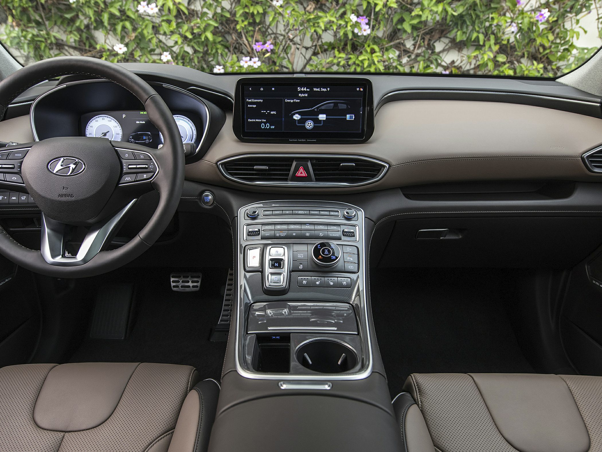 Modern car interior with digital dashboard and advanced center console